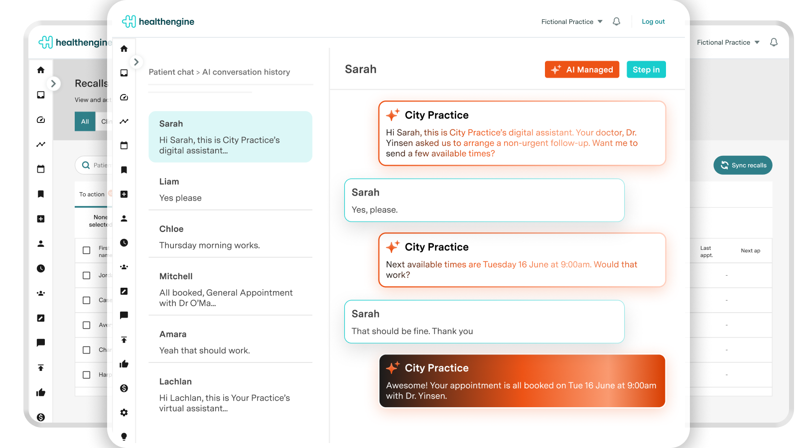 Practice Admin, with a patient recall conversation open