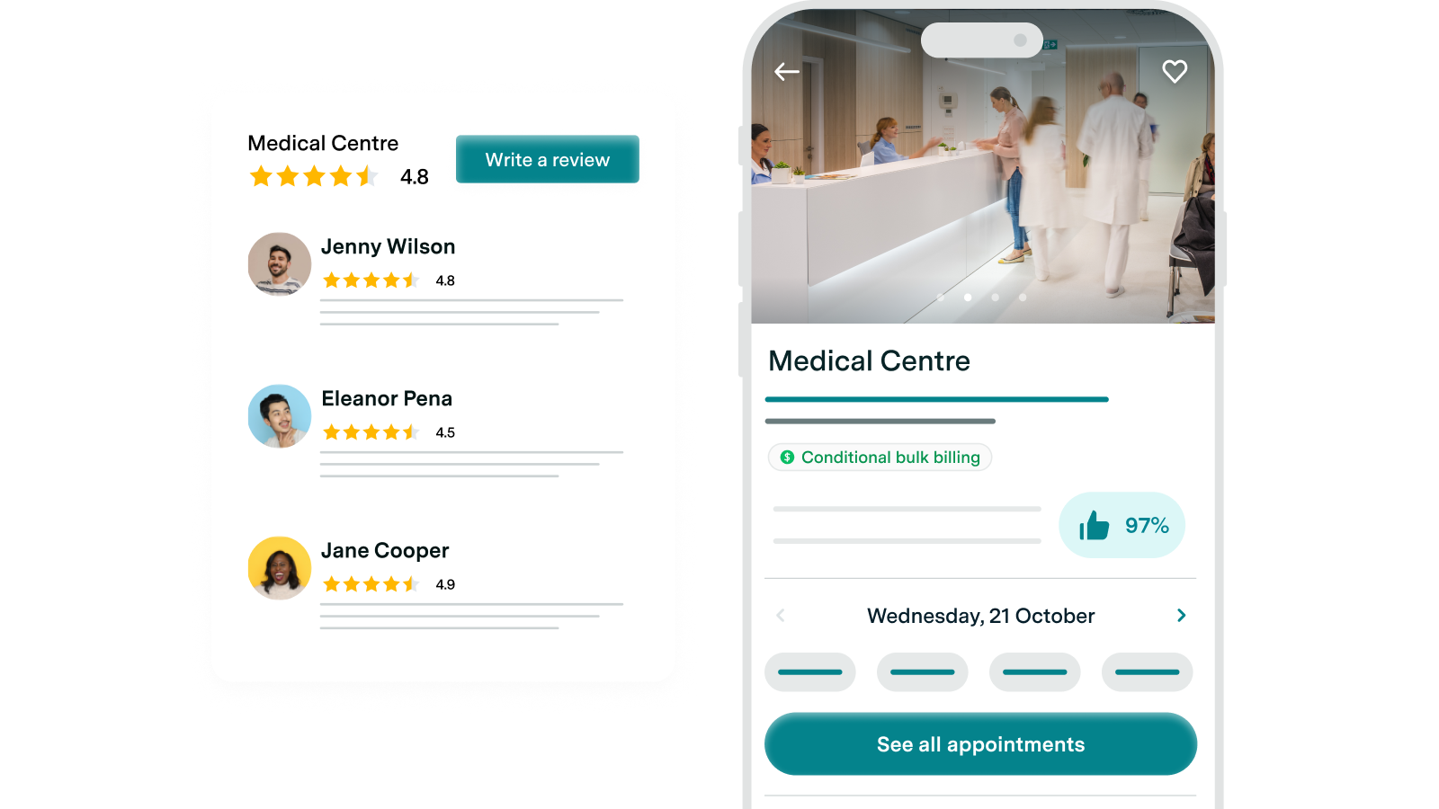Patient reviews on a Healthengine practice profile