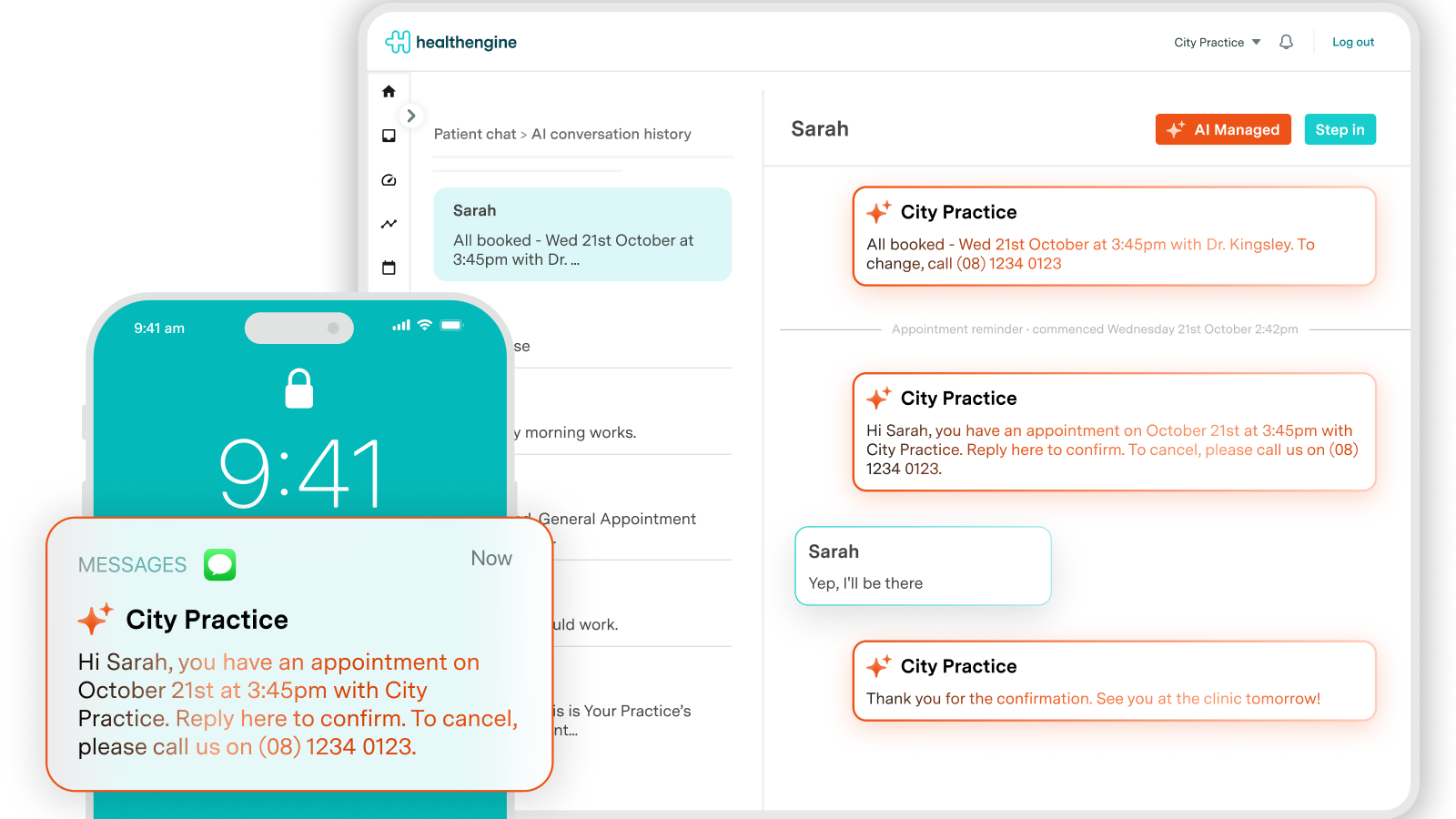 An appointment reminder thread on a patient's phone
