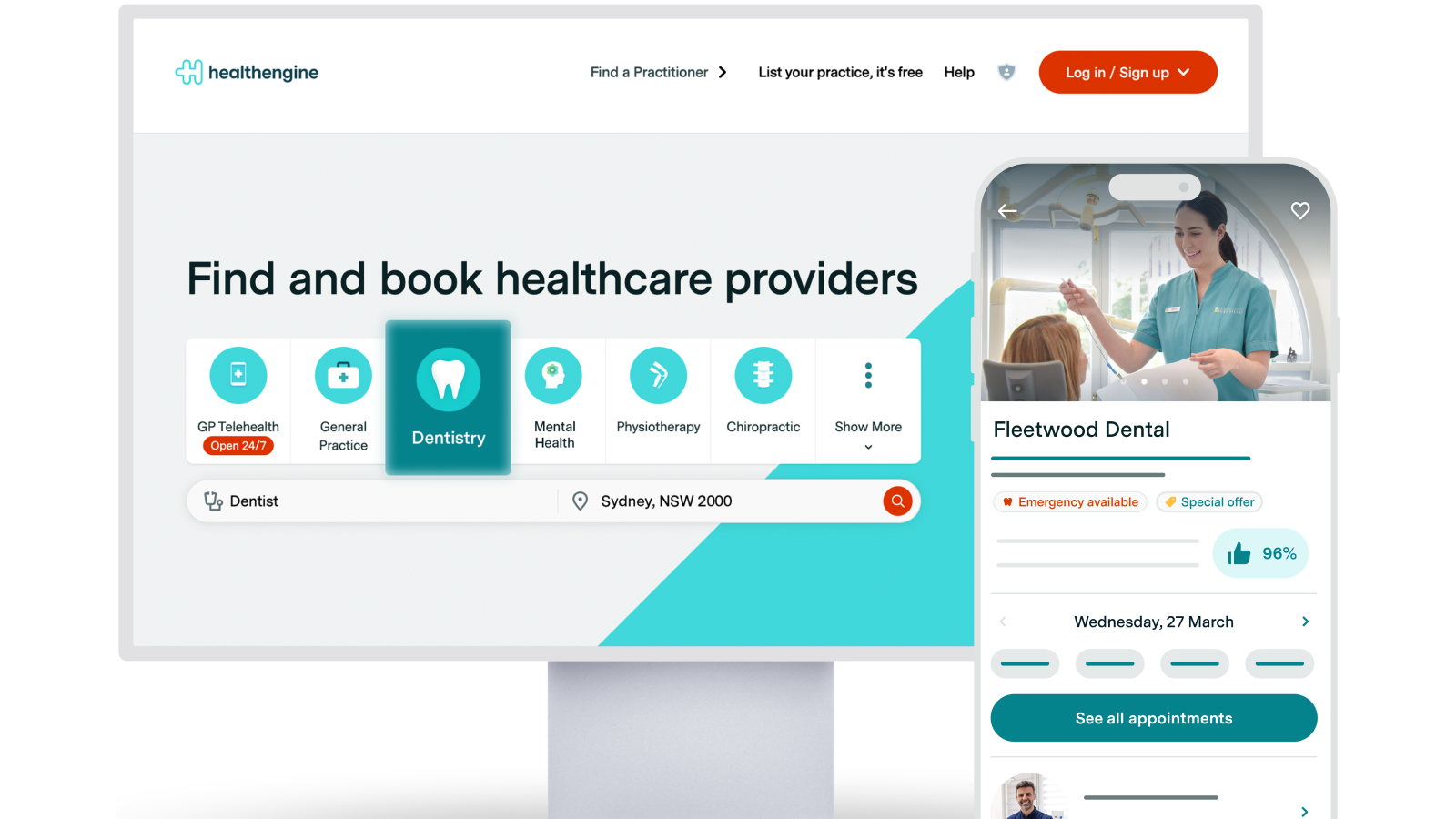 A patient searching for a dentist on Healthengine